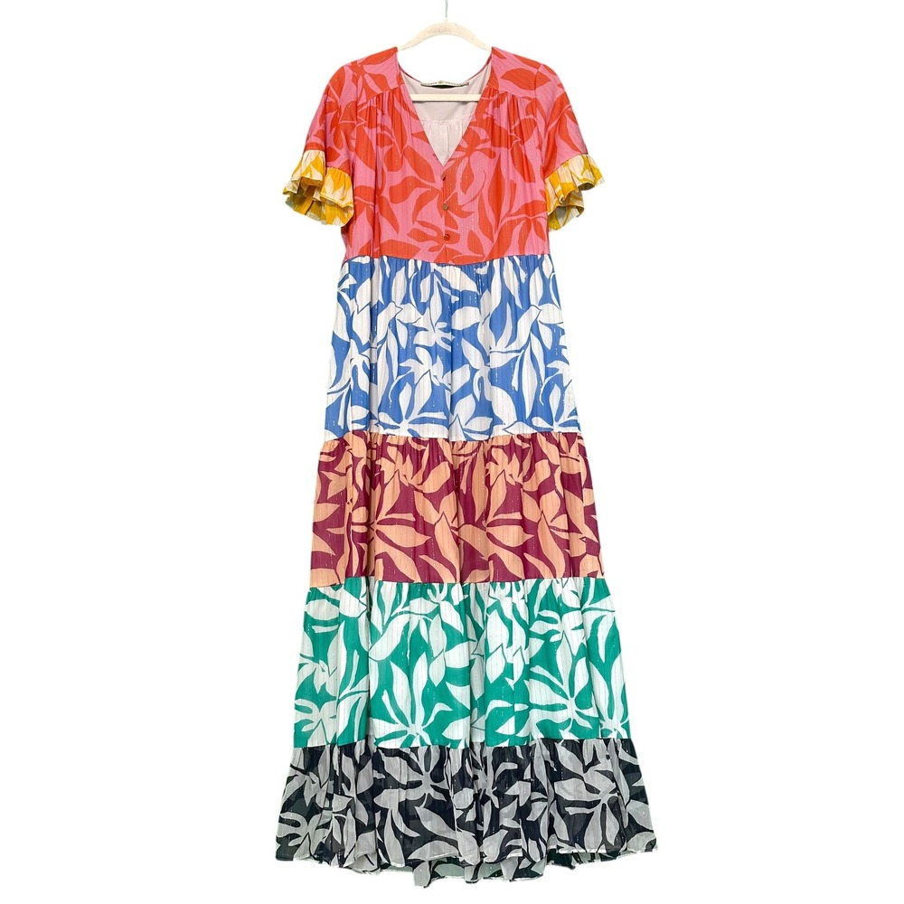 Marie Oliver Silk Tatum Tiered Maxi Dress Colorblock Leaf Print‎ Lurex 8